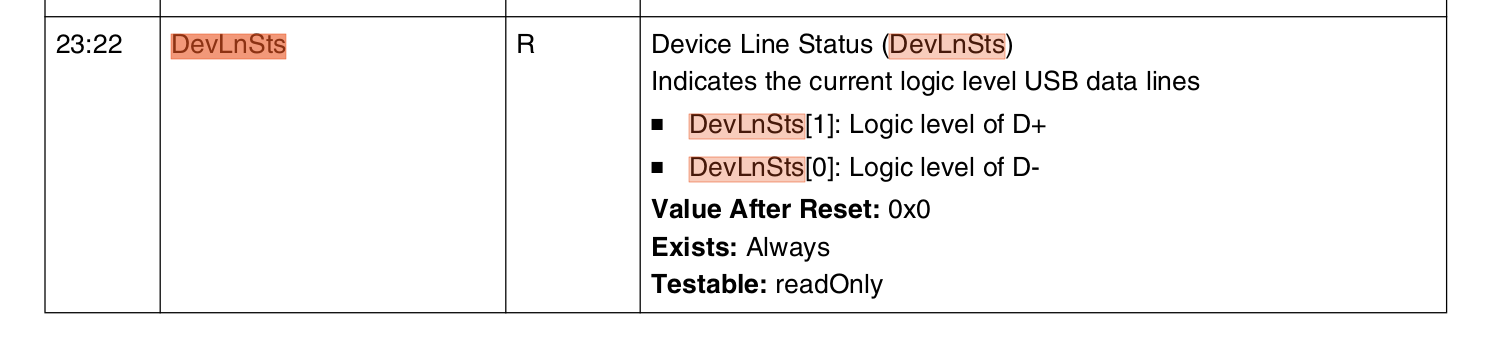 DSTS.DevLnSts：Device 线电平（手册标注与实测对调）