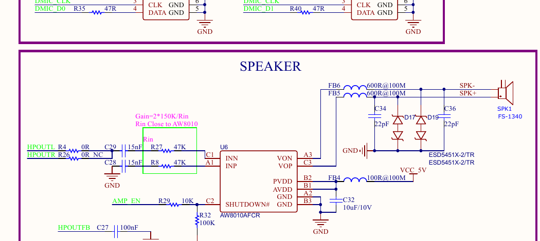 AW8010：HPOUT 入、AMP_EN 使能、差分出到板载喇叭